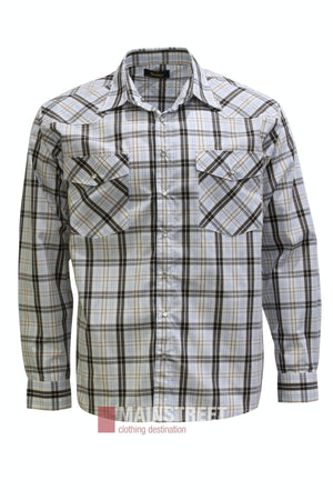 The Bisley Western Shirt is a long-sleeve, button-up shirt featuring a white, gray, and brown plaid pattern. Made from durable polyester-cotton blend, it is designed with two front chest pockets and a collar. This classic Bisley design is showcased on a white background.