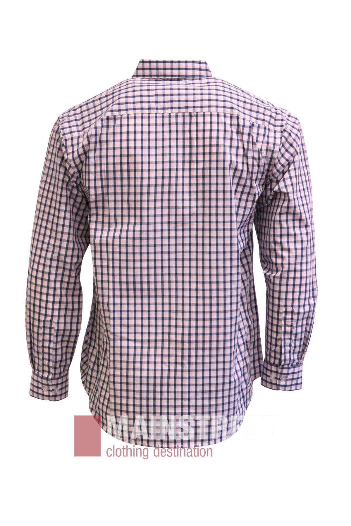 A Bisley Countryman Shirt, featuring long sleeves and a button-down design in a blue and pink checkered pattern, is displayed from the back against a white background.