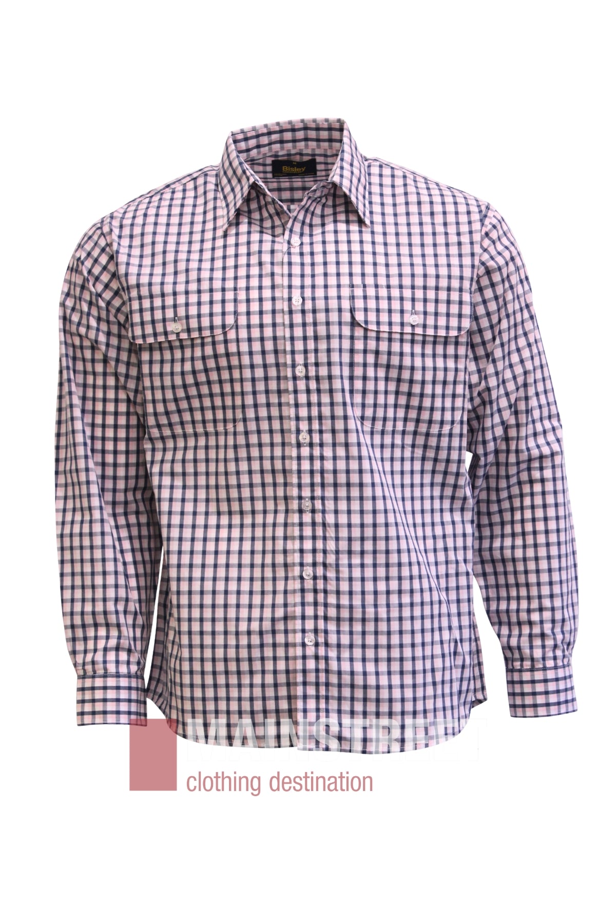 The Bisley Countryman Shirt is a men’s long-sleeve, button-up shirt with a purple, white, and blue checkered pattern. It features two front pockets and a collar, and is displayed on a white background.