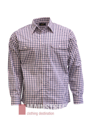 The Bisley Countryman Shirt is a men’s long-sleeve, button-up shirt with a purple, white, and blue checkered pattern. It features two front pockets and a collar, and is displayed on a white background.