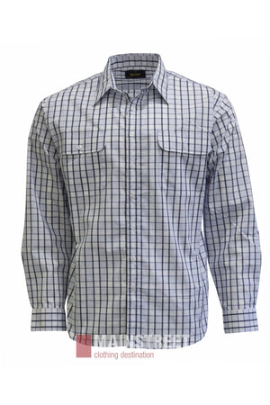 The Bisley Countryman Shirt is a long-sleeve button-up with a blue and white checkered pattern, featuring buttoned chest pockets and a collar, shown against a plain white background.
