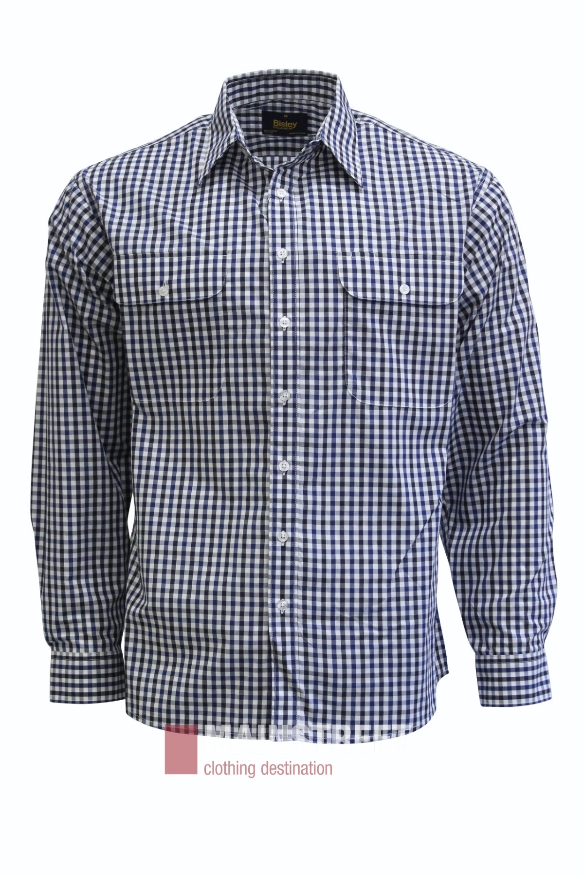 The Bisley Countryman Shirt is a long-sleeve, button-down shirt with a blue and white check pattern, two chest pockets, and crisp white buttons.