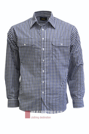 The Bisley Countryman Shirt is a long-sleeve, button-down shirt with a blue and white check pattern, two chest pockets, and crisp white buttons.