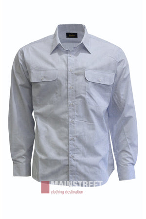 Bisley Countryman Shirt in light blue, featuring long sleeves, a button-up front, and two chest pockets, shown against a plain white background with the MAINSTREET clothing destination logo partially visible at the bottom.