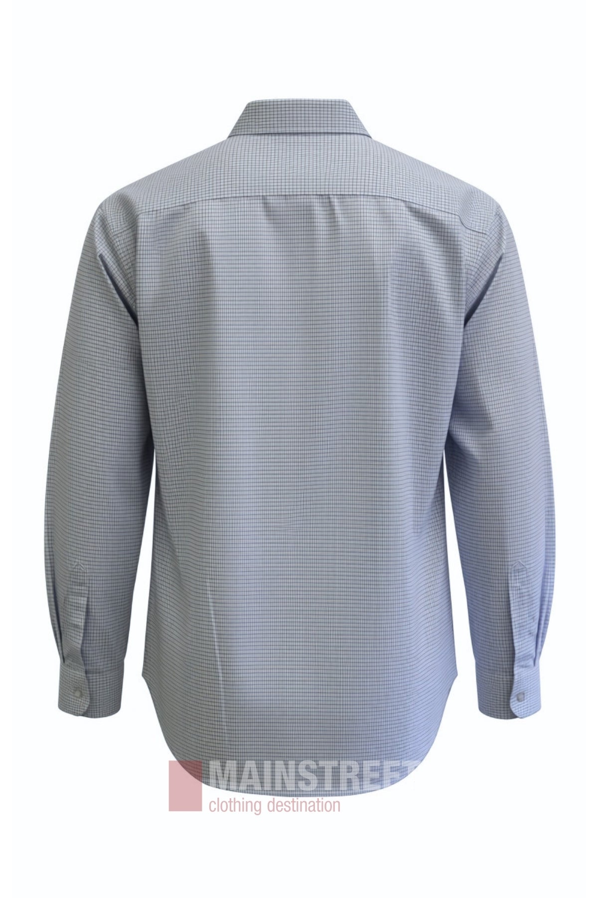 Back view of the Bisley Countryman Shirt, featuring long sleeves, buttoned cuffs, and a light blue checkered pattern, displayed against a white background.