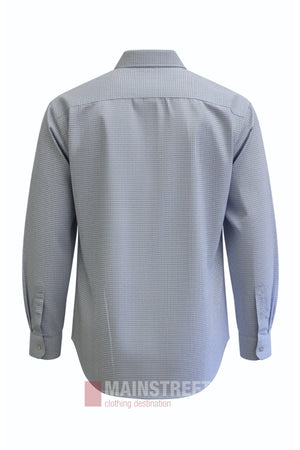 Back view of the Bisley Countryman Shirt, featuring long sleeves, buttoned cuffs, and a light blue checkered pattern, displayed against a white background.