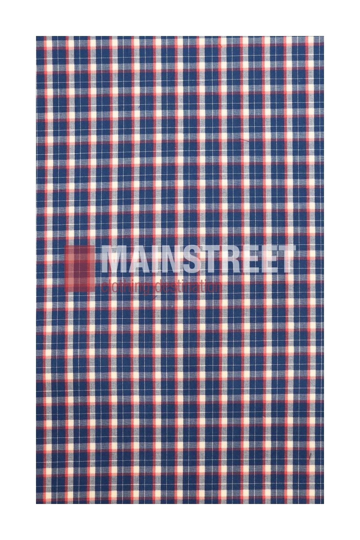 A pattern of evenly spaced blue, red, and white plaid lines forms small squares, evoking the classic gingham design associated with the Bisley Countryman Shirt. The word “MAINSTREET” appears faintly across the center, complemented by subtle details that suggest buttoned chest pockets.