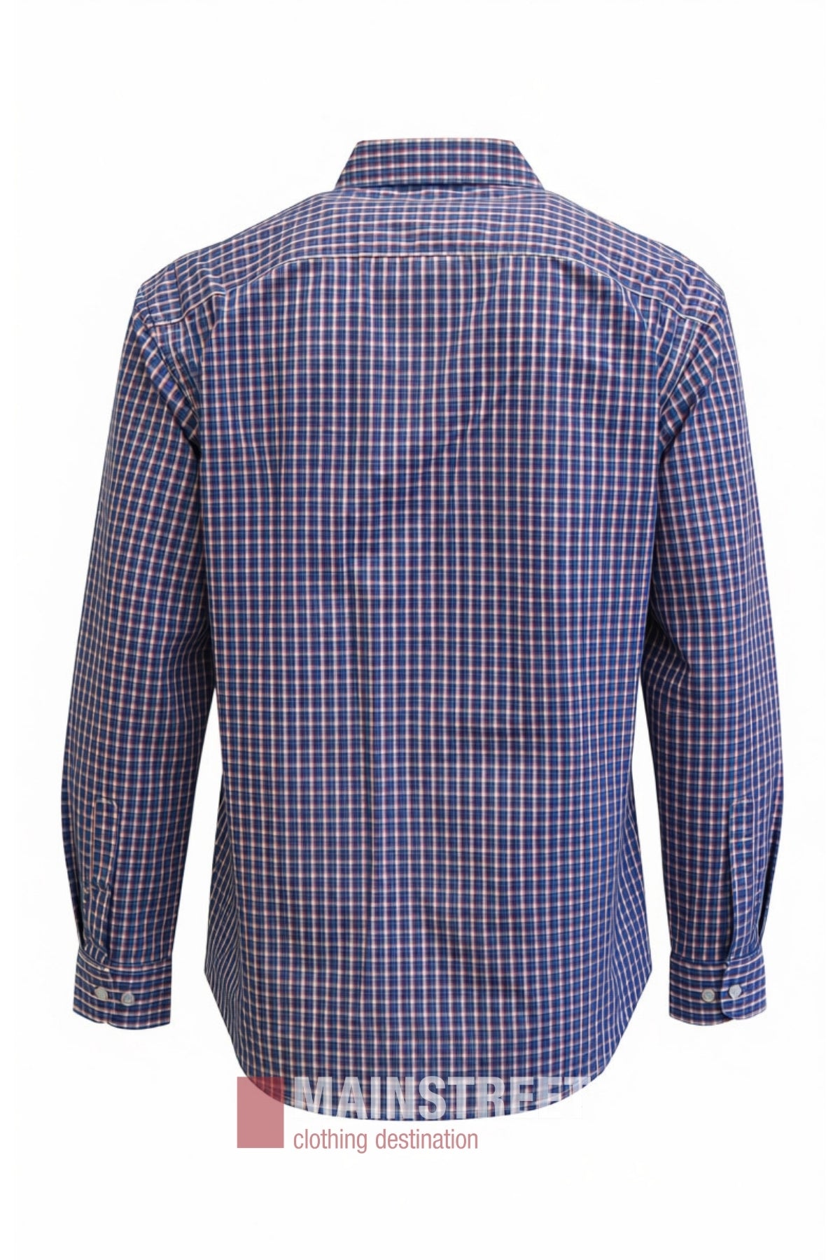 A back view of the Bisley Countryman Shirt, featuring long sleeves and a button-up design in a blue, white, and red plaid pattern with buttoned cuffs. The shirt includes practical buttoned chest pockets, and the MAINSTREET clothing destination logo is visible at the bottom.