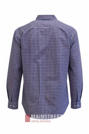 A back view of the Bisley Countryman Shirt, featuring long sleeves and a button-up design in a blue, white, and red plaid pattern with buttoned cuffs. The shirt includes practical buttoned chest pockets, and the MAINSTREET clothing destination logo is visible at the bottom.