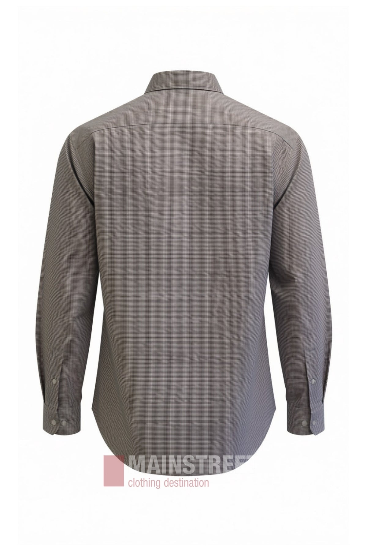Back view of the Bisley Countryman Shirt, a long-sleeve button-up with button cuffs in gray featuring a subtle checkered pattern. Displayed against a plain white background with “MAINSTREET clothing destination” written at the bottom.