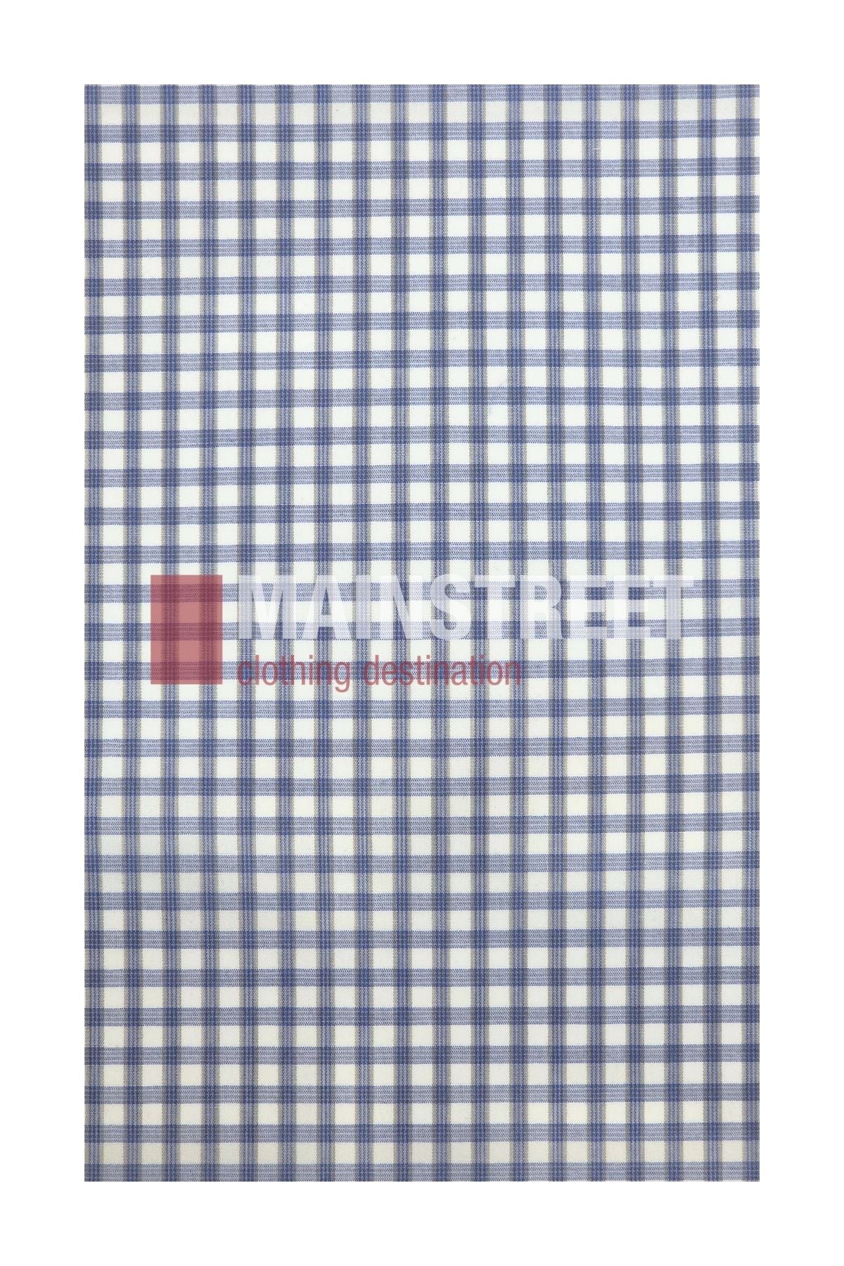 Blue and white checkered fabric pattern reminiscent of the Bisley Countryman Shirt, with “MAINSTREET clothing destination” faintly visible in the center.