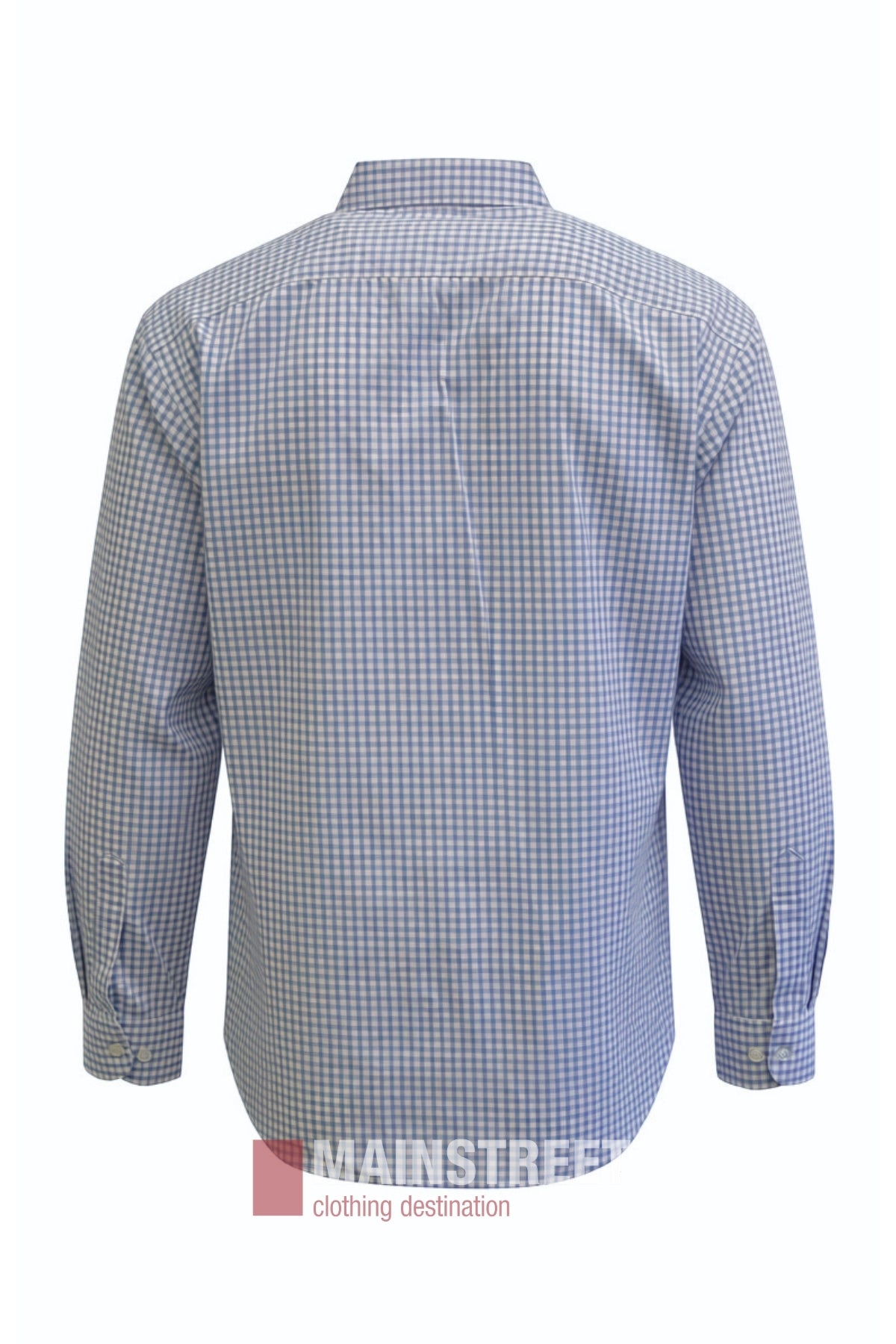 A back view of the Bisley Countryman Shirt in blue and white checkered pattern is shown. The long-sleeve shirt features a collar, buttoned cuffs, and classic Bisley styling. The “MAINSTREET clothing destination” logo appears at the bottom of the image.