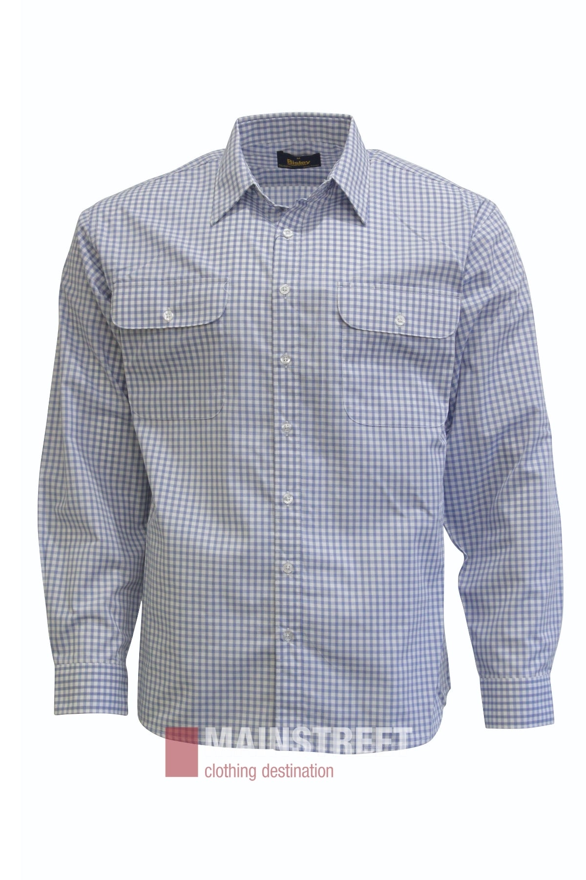 A Bisley Countryman Shirt with long sleeves and a blue and white check pattern, featuring two flap chest pockets with buttons, shown against a plain white background.