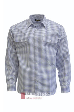 A Bisley Countryman Shirt with long sleeves and a blue and white check pattern, featuring two flap chest pockets with buttons, shown against a plain white background.