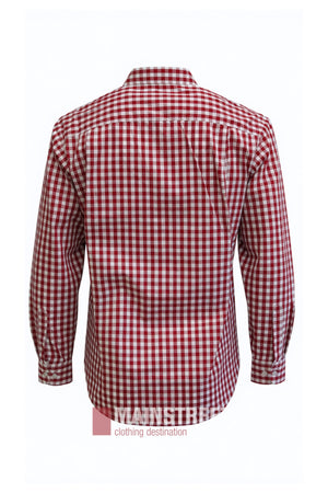 A Bisley Countryman Shirt with long sleeves and a red and white checkered pattern, featuring buttoned chest pockets, is displayed from the back against a white background.