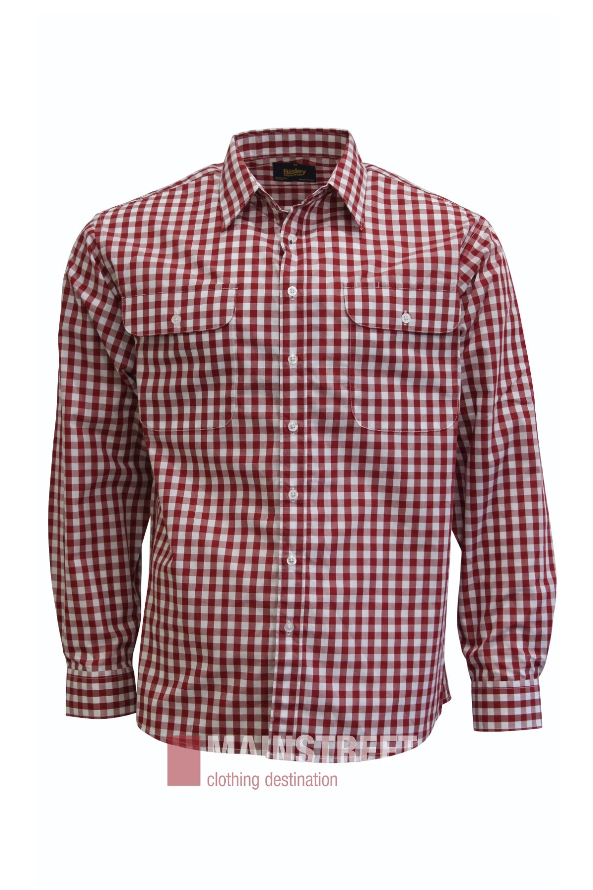 The Bisley Countryman Shirt features a red and white checkered pattern, long sleeves, and buttoned chest pockets, shown against a plain white background.