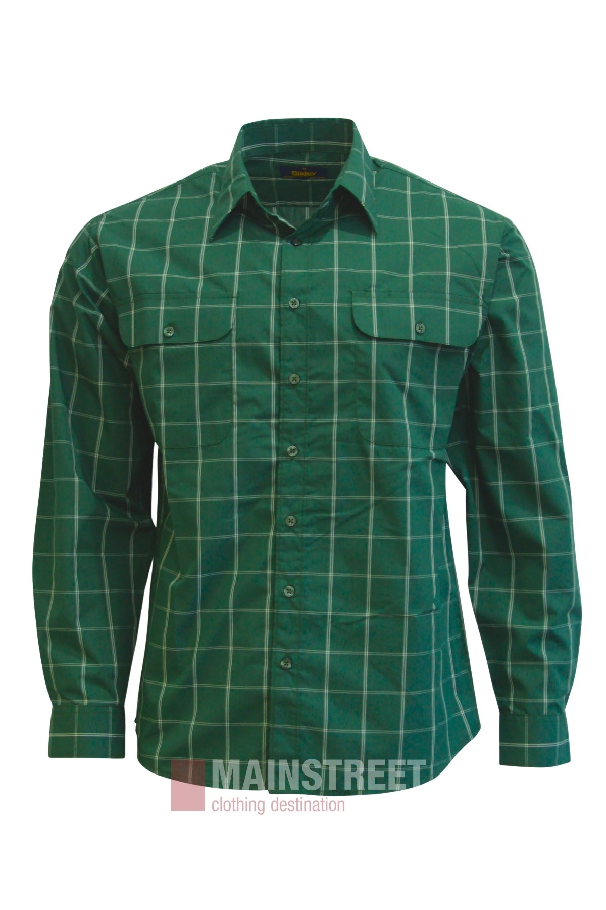The Bisley Countryman Shirt is a green, long-sleeve shirt with a white checkered pattern, buttoned chest pockets, and a classic collar. It is shown against a plain white background.