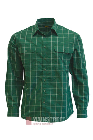 The Bisley Countryman Shirt is a green, long-sleeve shirt with a white checkered pattern, buttoned chest pockets, and a classic collar. It is shown against a plain white background.
