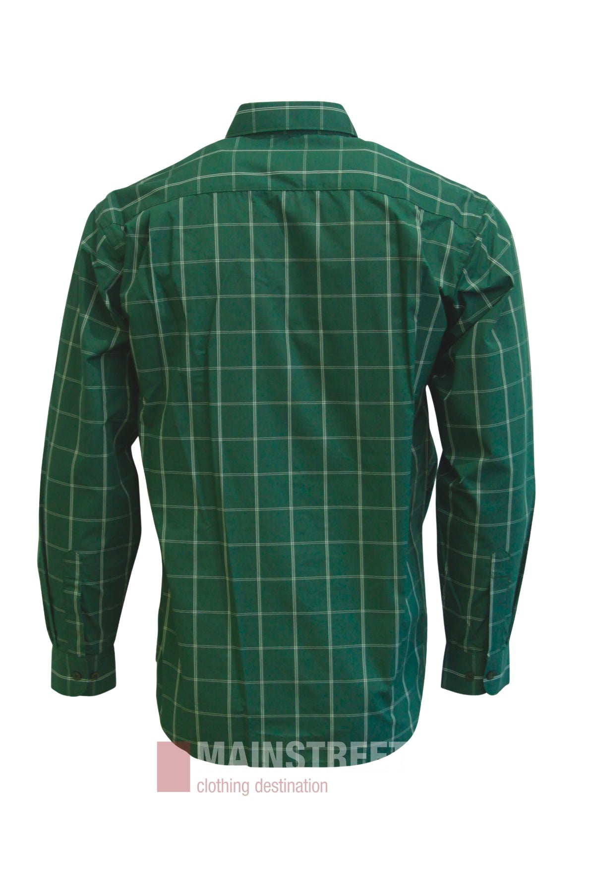 The Bisley Countryman Shirt is displayed from the back, featuring a green and white checkered pattern, long sleeves, button-up front, and collar. The classic Bisley style shirt is laid flat on a white background.