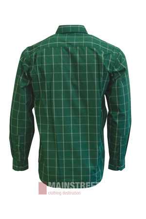 The Bisley Countryman Shirt is displayed from the back, featuring a green and white checkered pattern, long sleeves, button-up front, and collar. The classic Bisley style shirt is laid flat on a white background.