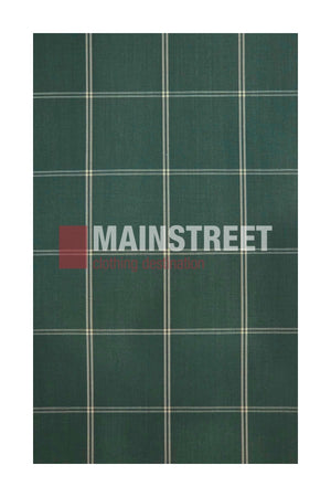 Green plaid fabric background with thin white lines forming a grid pattern, reminiscent of the Bisley Countryman Shirt. The words “MAINSTREET clothing destination” are printed in bold white and red lettering across the center, capturing the timeless style of the Bisley Countryman Shirt, known for its classic details like buttoned chest pockets.