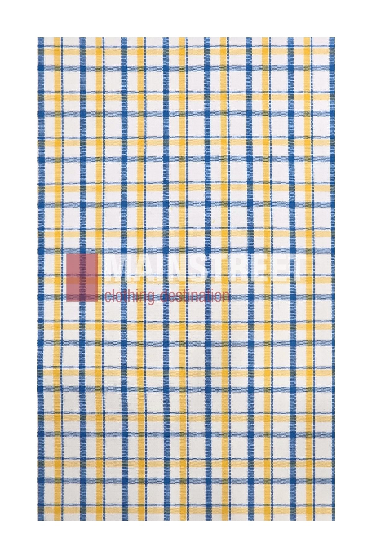 A fabric inspired by the Bisley Countryman Shirt, featuring a white background with a classic plaid pattern of blue and yellow intersecting lines. Across the center, “MAINSTREET clothing destination” is printed in bold white and red text, making this design ideal for a stylish button-up shirt that showcases Bisley craftsmanship.