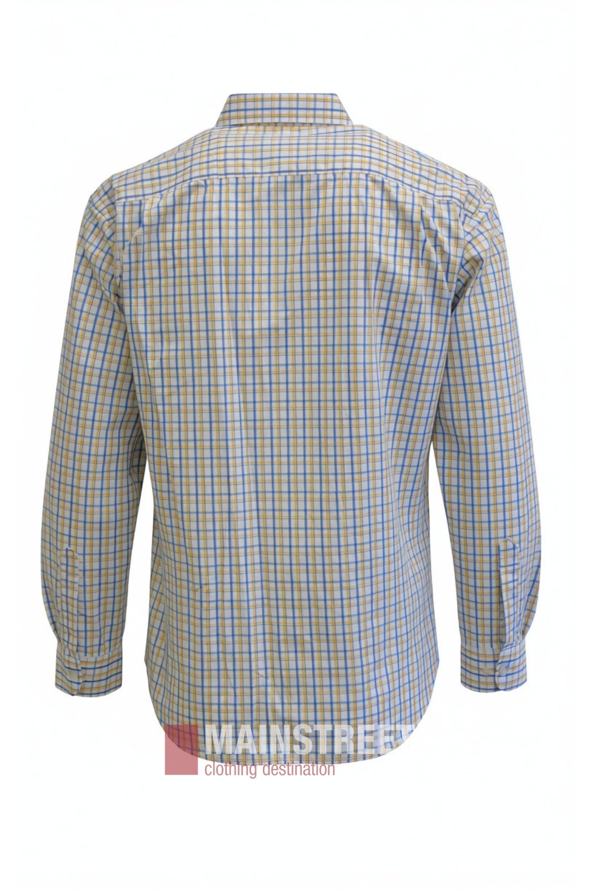 The Bisley Countryman Shirt is displayed from the back, showcasing its long sleeves, button-up front, and a yellow and blue plaid pattern. This shirt includes a collar, straight hem, and classic buttoned chest pockets for added functionality.