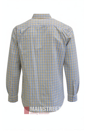 The Bisley Countryman Shirt is displayed from the back, showcasing its long sleeves, button-up front, and a yellow and blue plaid pattern. This shirt includes a collar, straight hem, and classic buttoned chest pockets for added functionality.