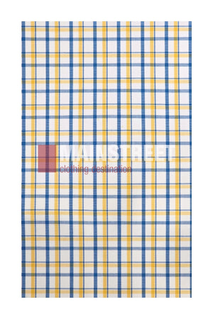 A fabric inspired by the Bisley Countryman Shirt, featuring a white background with a classic plaid pattern of blue and yellow intersecting lines. Across the center, “MAINSTREET clothing destination” is printed in bold white and red text, making this design ideal for a stylish button-up shirt that showcases Bisley craftsmanship.