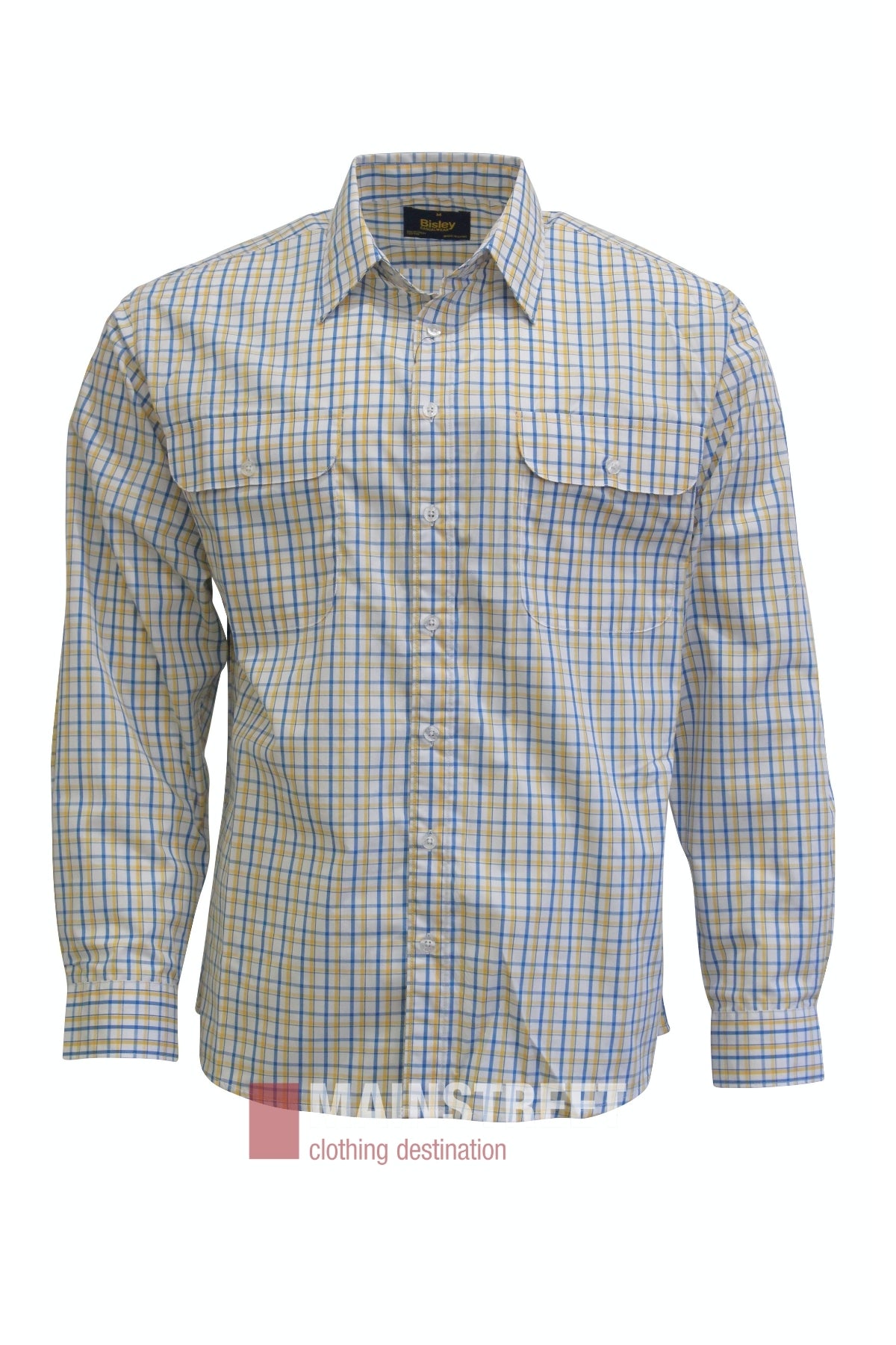 Bisley Countryman Shirt with long sleeves in a blue and yellow checkered pattern, featuring a classic collar and buttoned chest pockets, displayed on a plain white background. Designed for lasting comfort and timeless style.