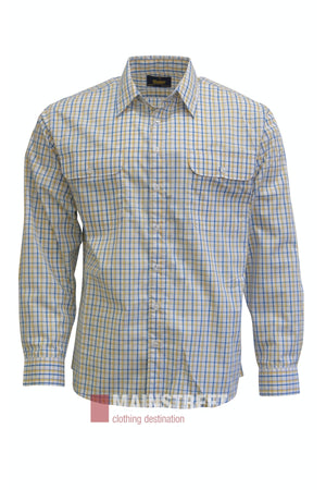 Bisley Countryman Shirt with long sleeves in a blue and yellow checkered pattern, featuring a classic collar and buttoned chest pockets, displayed on a plain white background. Designed for lasting comfort and timeless style.