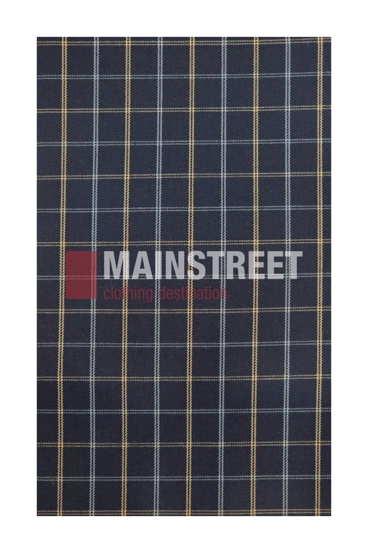 A dark fabric featuring a grid of light blue and yellow lines, reminiscent of the classic Bisley Countryman Cotton Shirt, crafted from 100% cotton. Bold white and red lettering in the center reads “MAINSTREET clothing destination.”.