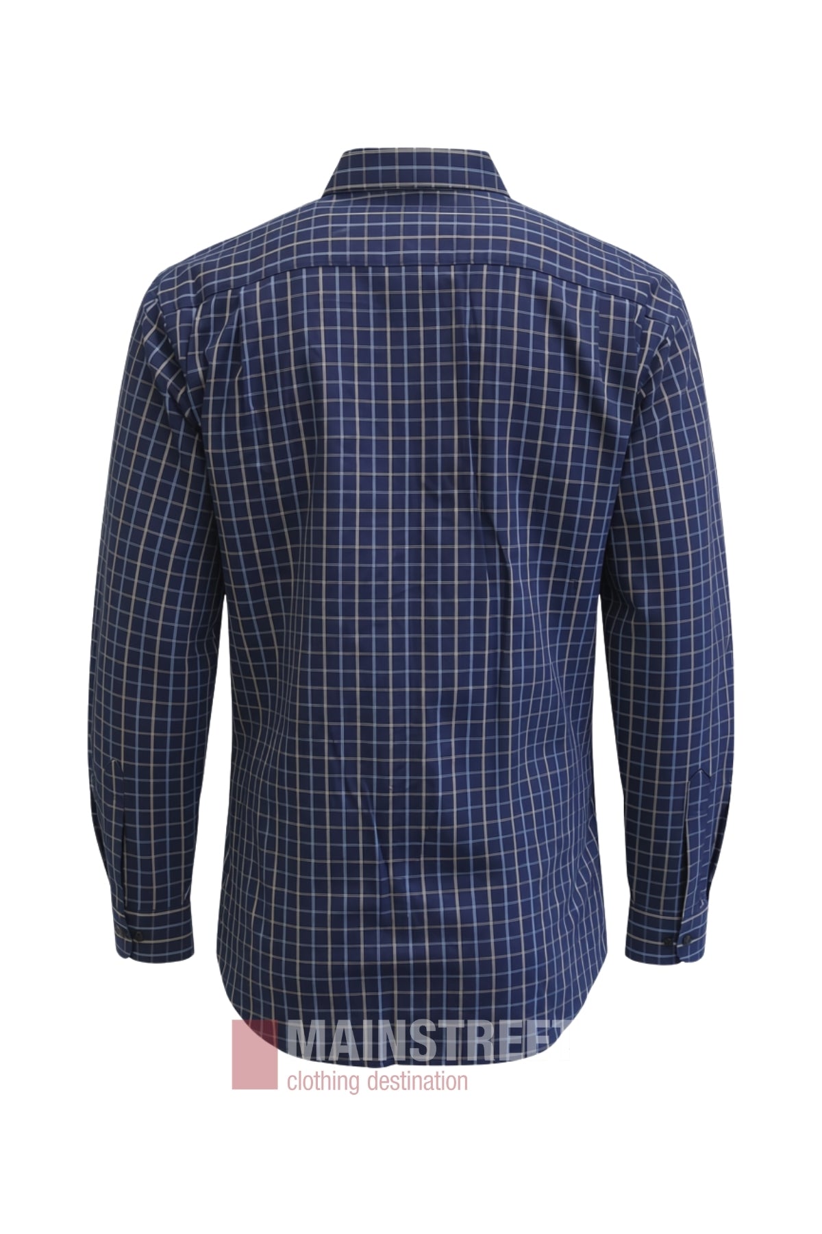 A Bisley Countryman Cotton Shirt in navy blue with a white checkered pattern, shown from the back. This long-sleeve shirt is made from 100% cotton and features a collar and buttoned cuffs. The background is white.
