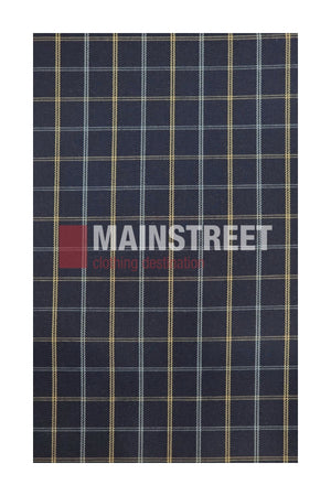 A dark fabric featuring a grid of light blue and yellow lines, reminiscent of the classic Bisley Countryman Cotton Shirt, crafted from 100% cotton. Bold white and red lettering in the center reads “MAINSTREET clothing destination.”.