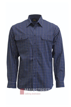 A blue, long-sleeve Bisley Countryman Cotton Shirt with a white checkered pattern, button-down front, and two chest pockets with flaps. Made from 100% cotton, this shirt offers classic style and everyday comfort.