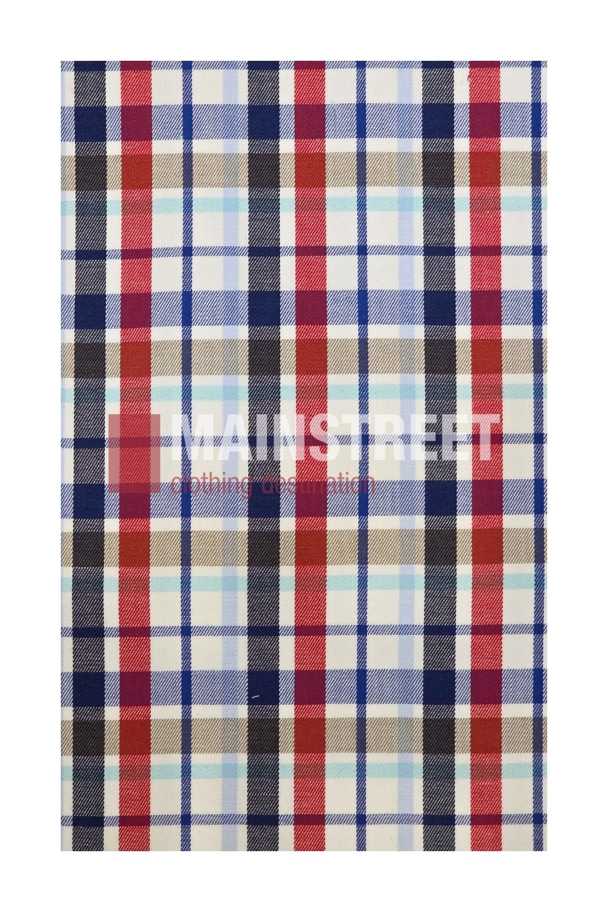 Plaid fabric pattern with intersecting lines in red, blue, black, light aqua, brown, and white. “MAINSTREET clothing co. authentic” is printed in white and red text across the fabric—crafted in the style of the Bisley Countryman Cotton Shirt using premium 100% cotton for comfort and durability.