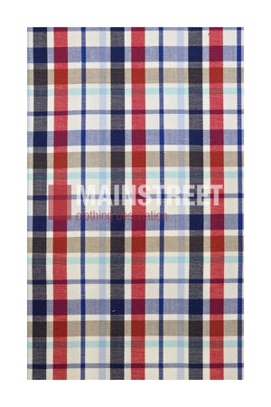 Plaid fabric pattern with intersecting lines in red, blue, black, light aqua, brown, and white. “MAINSTREET clothing co. authentic” is printed in white and red text across the fabric—crafted in the style of the Bisley Countryman Cotton Shirt using premium 100% cotton for comfort and durability.