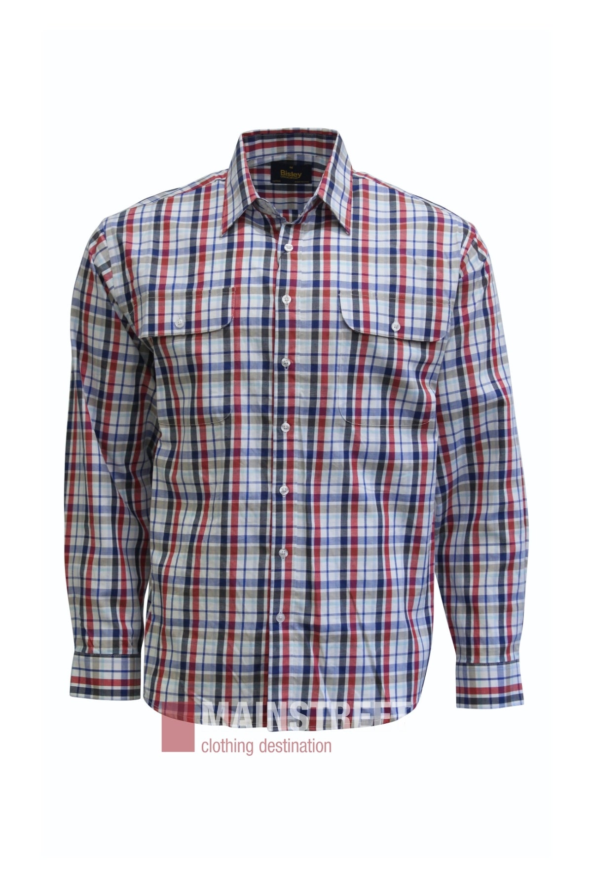 The Bisley Countryman Cotton Shirt is a long-sleeved, button-up shirt featuring a red, blue, and white plaid pattern. It includes two front chest pockets and a classic collar. Made from 100% cotton, this shirt is shown against a plain white background.