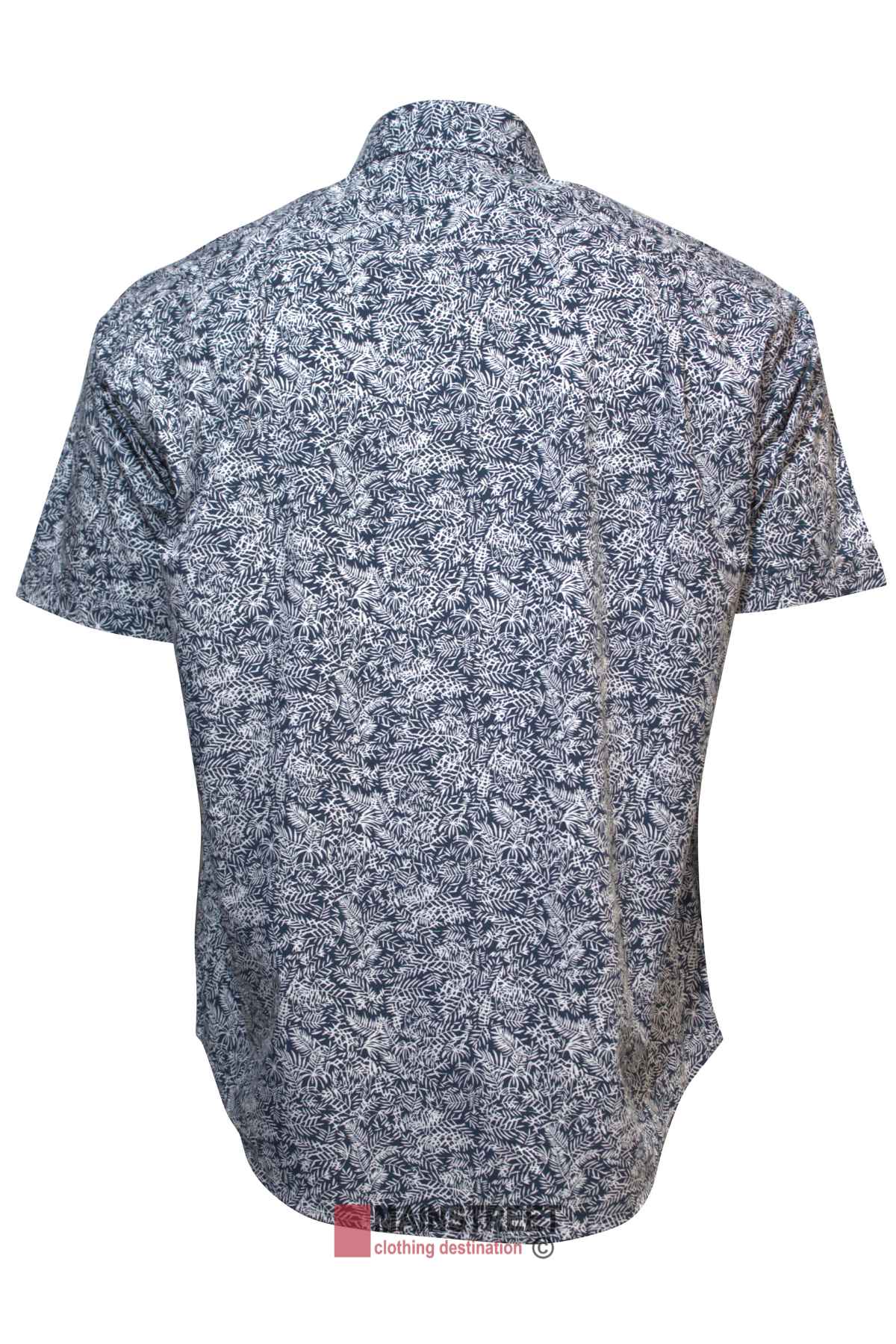 Back view of the Back Bay Bamboo Soft Touch Print Short Sleeve Shirt, showcasing a blue and white leafy pattern. Crafted from a polyester cotton blend, this shirt features a collar and lightweight fabric, ideal for casual occasions.