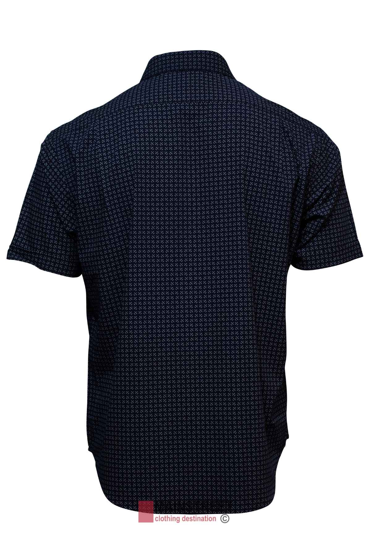 Back view of the Back Bay Bamboo Soft Touch Print Short Sleeve Shirt, showcasing its stylish and functional design with a subtle geometric pattern in dark blue. Made from a polyester cotton blend, this shirt includes a collar and is set against a white background.