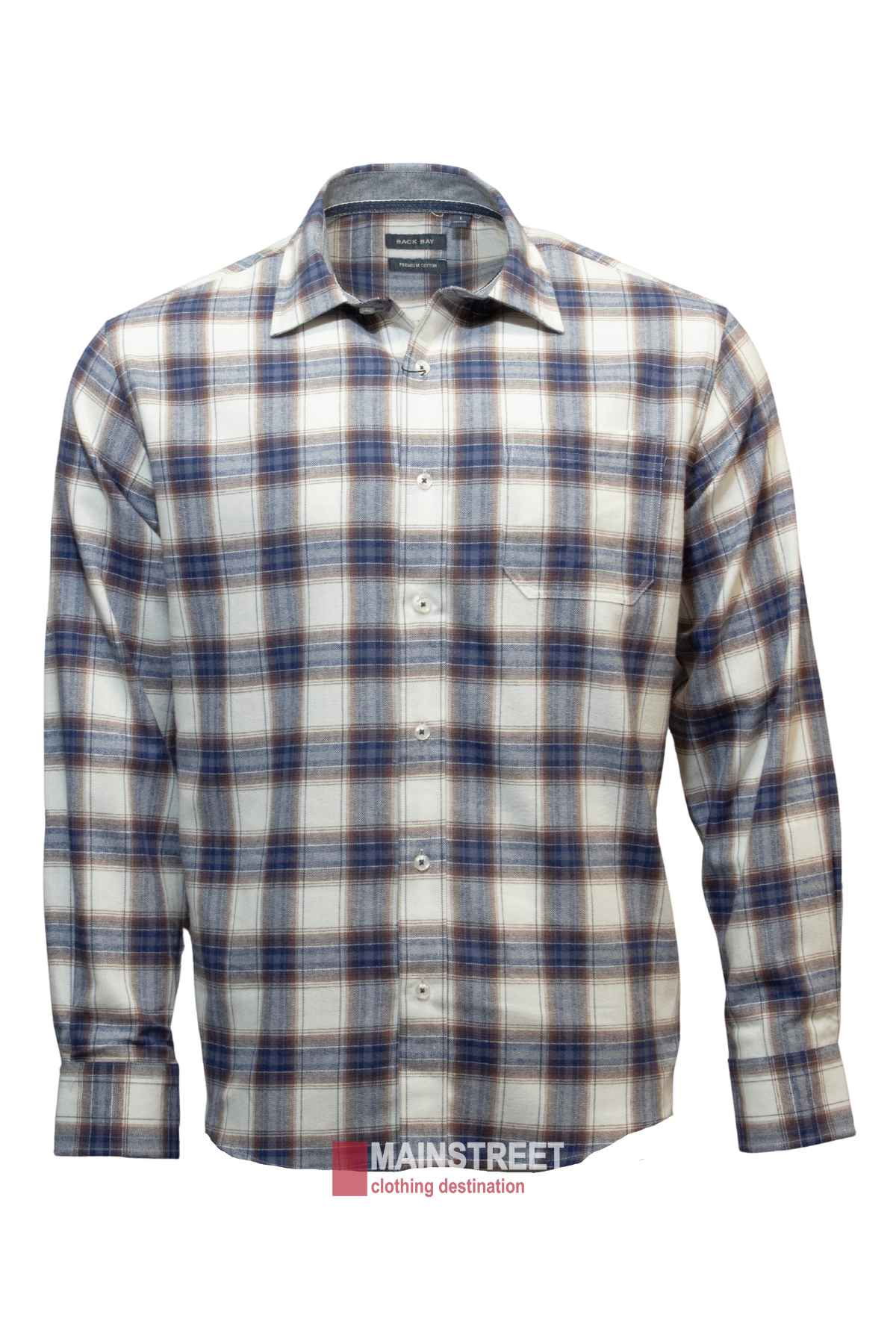 The Back Bay Brushed Cotton Check Shirt is a men's regular fit long-sleeve button-up, featuring a blue, brown, and white plaid pattern with a front chest pocket, displayed against a white background.