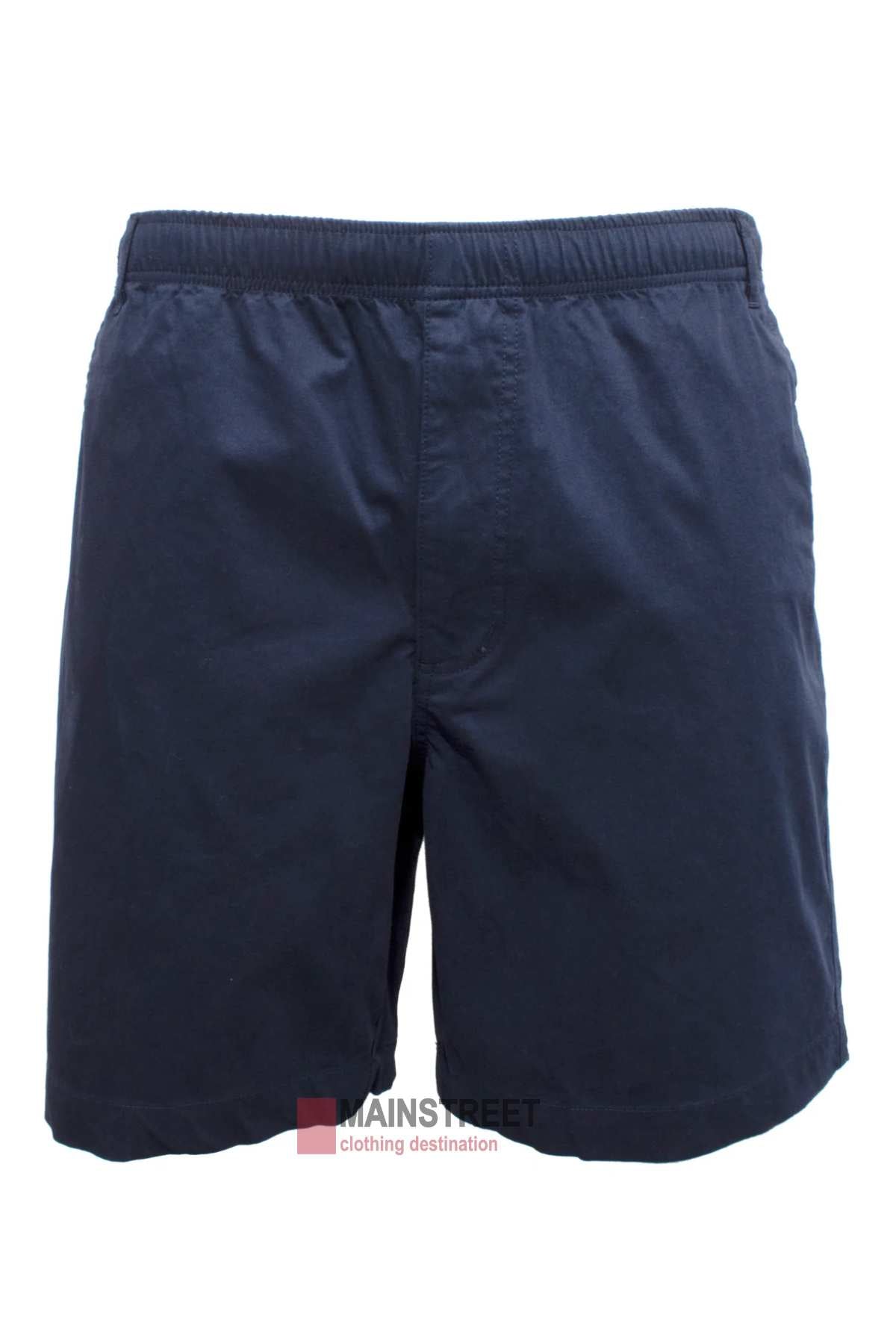 The Back Bay Cotton Elastic Bedford Short for men is crafted from comfortable cotton in navy blue, featuring an elastic waistband. The "Main Street" logo is partially visible at the bottom center.