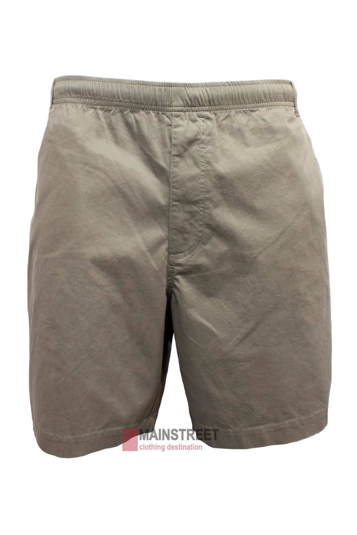 The Back Bay Cotton Elastic Bedford Short is a pair of khaki men's shorts featuring an elastic waistband and crafted from soft cotton. Its front view presents a simple, casual design, perfect for everyday wear.