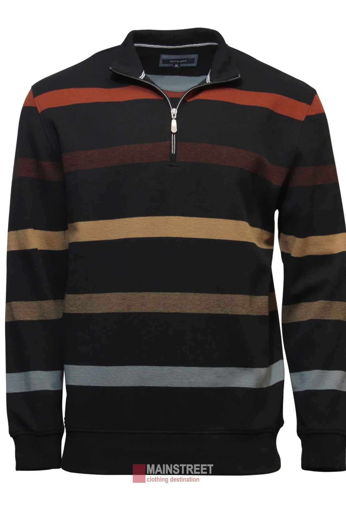 The Back Bay Engineered Stripe Fleece is a black pullover sweater with a half-zip front and bold horizontal stripes in red, orange, brown, beige, and gray. Features the "MAINSTREET clothing destination" logo—a must-have for your casual wardrobe.