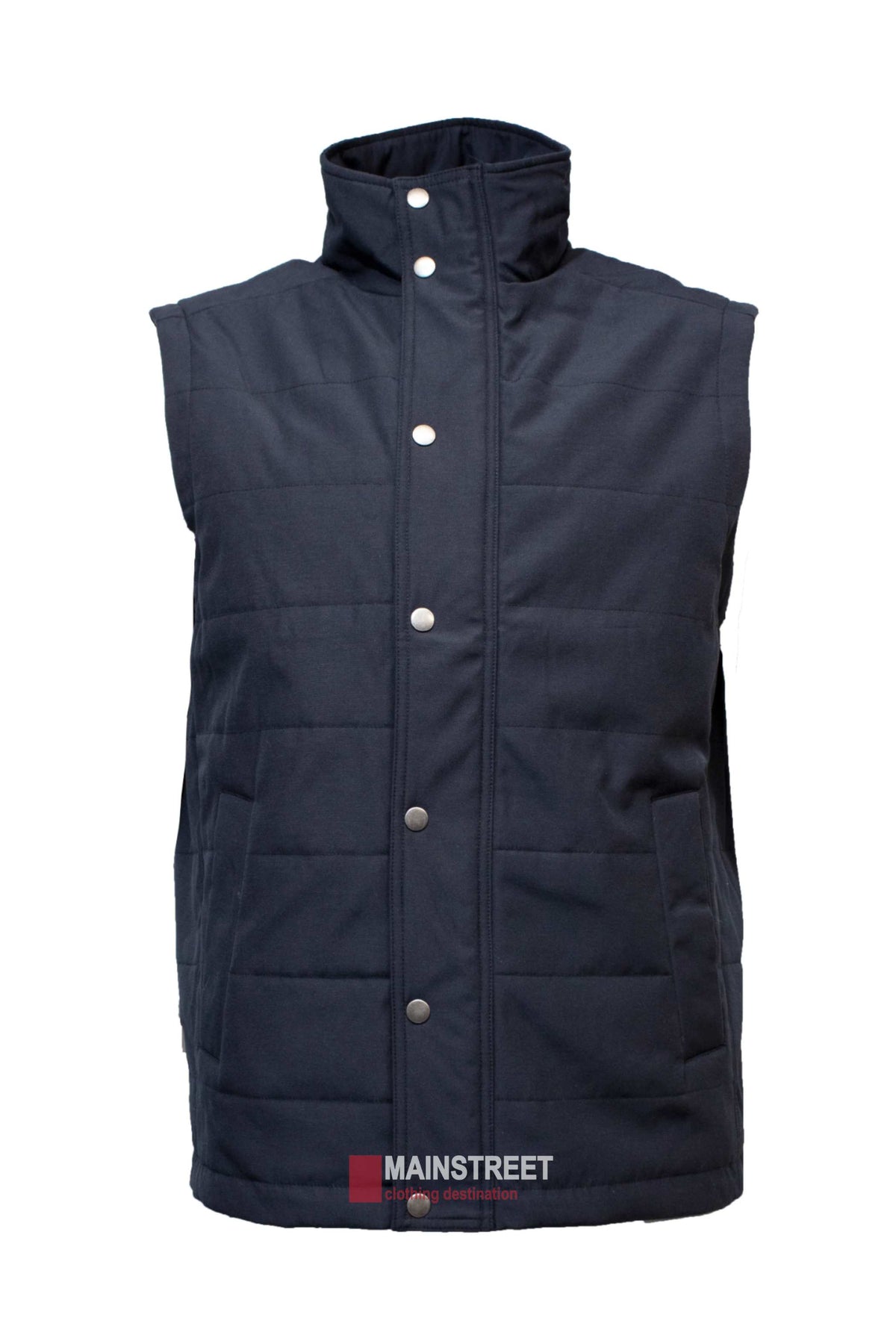 The Back Bay Lifestyle Vest is a sleeveless, navy blue quilted vest featuring elegant quilted detailing and a stand-up collar with silver snap-button closures down the front. Made of thicker fabric, this casual vest is perfect for cooler weather. The "MAINSTREET" logo is subtly displayed near the bottom.