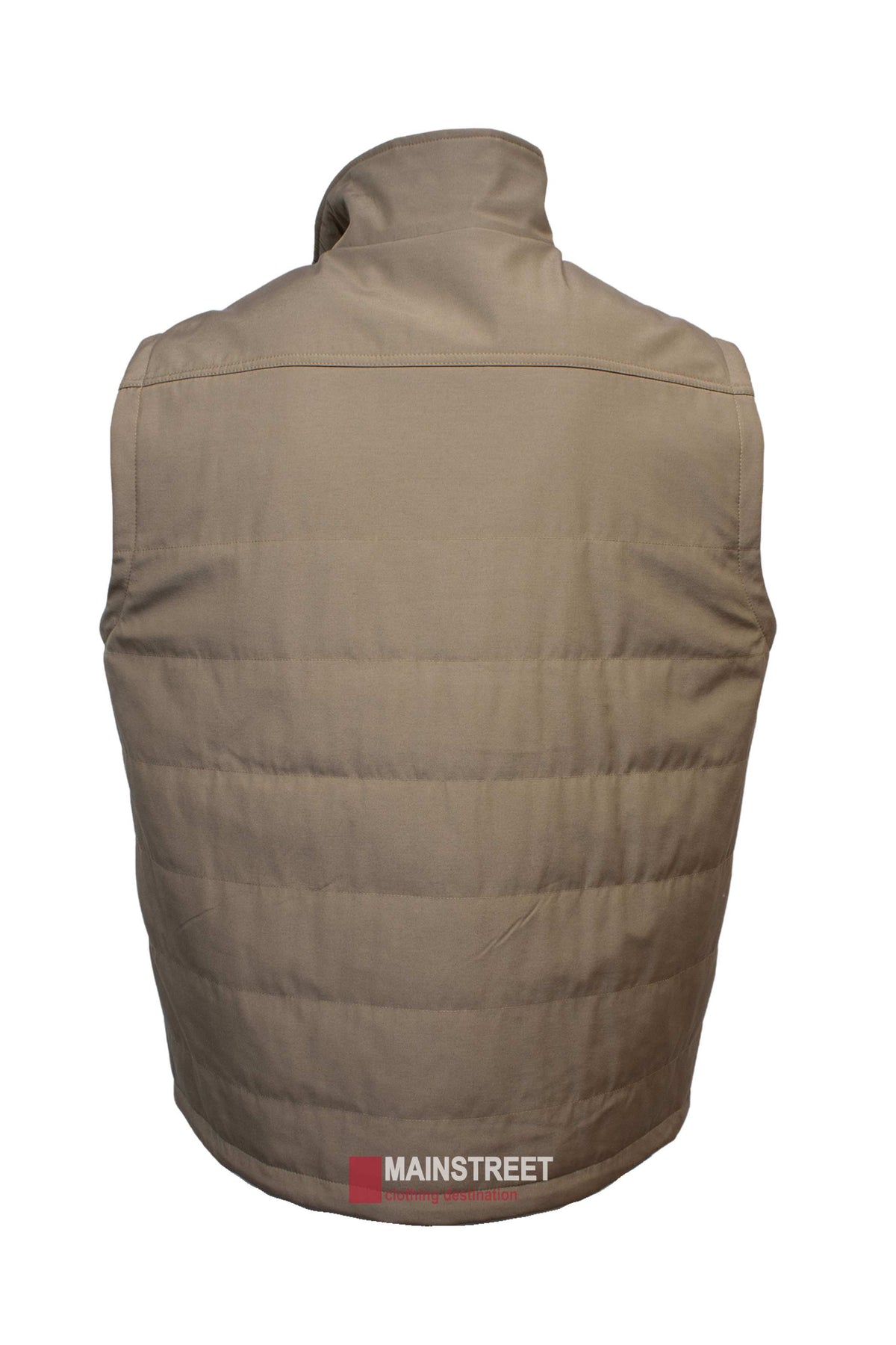 The Back Bay Lifestyle Vest is a tan, quilted sleeveless vest shown from the back, with a high collar and "MAINSTREET" printed near the bottom hem. Made from a comfortable, durable cotton/polyester blend.