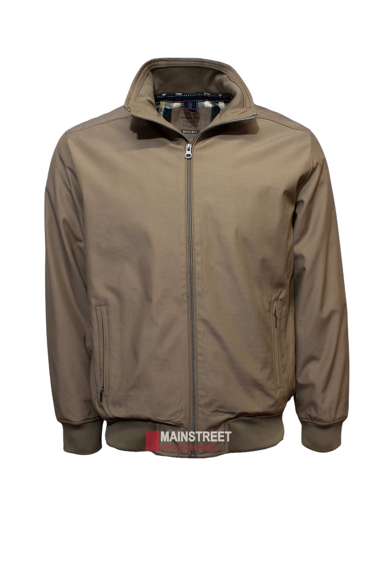 The Back Bay Blouson Jacket in beige polyester boasts a zip-up front and pockets, ribbed cuffs and hem, with a turned-up collar showcasing plaid lining. A "Mainstreet" label adds style at the bottom center.