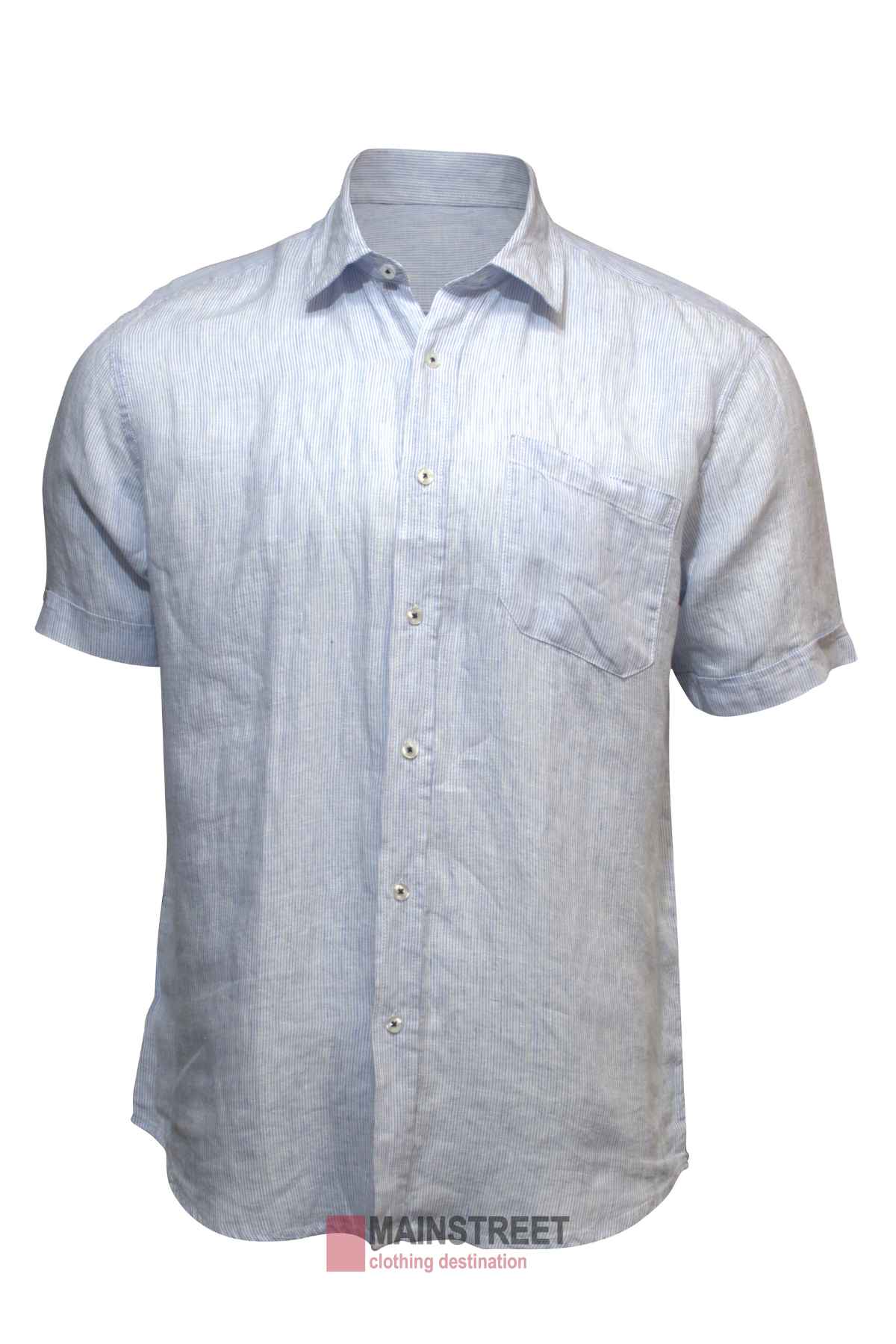 The Back Bay Linen Pinstripe Short Sleeve Shirt features a light blue hue, subtle pinstripes, a chest pocket, and is shown on a white background with the "MAINSTREET clothing destination" logo—ideal for your summer wardrobe.
