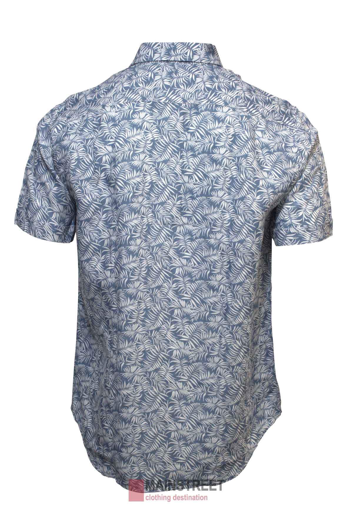 The Back Bay Linen Print Short Sleeve Shirt is a lightweight, casual option featuring a blue and white leaf pattern, classic collar, button-up design, and short sleeves—ideal for summer outings.