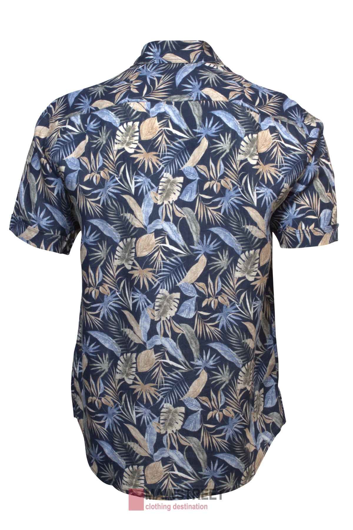 Back view of the Back Bay Linen Print Short Sleeve Shirt, a lightweight summer shirt with blue, beige, and green tropical leaf and plant patterns on a dark background.